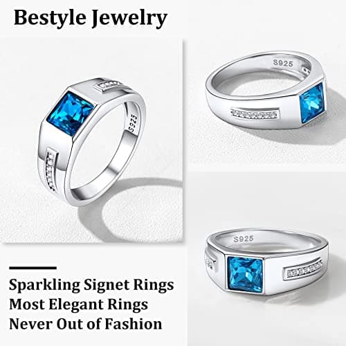 Bestyle White Gold Vermeil Sterling Silver Rings Classic Simple Men Cubic Zirconia Band Blue Topaz Finger Ring Sterling Silver Wedding Band Engagement Promise Rings for Father Husband Son Size 13 - Thumbnail 5