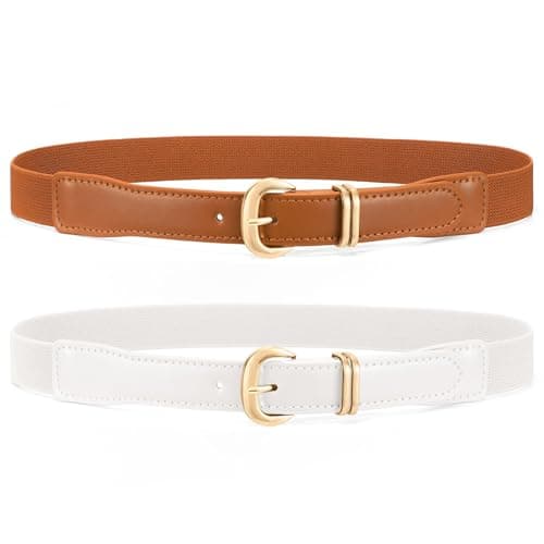 WHIPPY 2 Pack Women Skinny Elastic Belt Fashion Gold Buckle Stretchy Thin Waist Belts for Dresses - Image 1