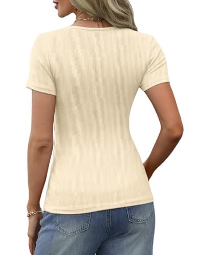 GKBK Ribbed Basic Tees Tshirts for Women Fitted Tight Short Sleeve Tops Dressy Casual Henley Tops Scoop Neck Cute Spring 2025 Trendy Outfits Clothes Beige S - Thumbnail 4