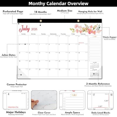 Tcamp Desk Calendar 2026-2027, 18 Months Desktop Calendar from July 2026 to December 2027, Large 17" x 12" Wall Calendar with Julian Dates, Desk Planner for Home School Office Desktop - Thumbnail 6