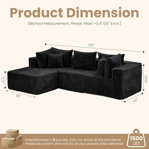 PATAVOT 104 Inch Cloud Couch Sectional,Corduroy Boneless Couches for Living Room,L-Shaped Modular Sectional Sofa with Removable Ottoman and Deep Seat,No Assembly Required,Black - Thumbnail 2