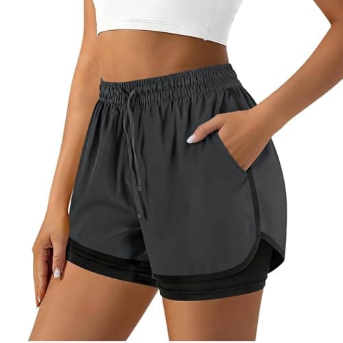 Drindf 2 in 1 Running Shorts for Women, 3 Inch Inseam High Waisted Drawstring Womens Short Shorts with Pockets, Breathable and Quick Dry for Workout,Gym,Running,Athletic,Dark Gray L