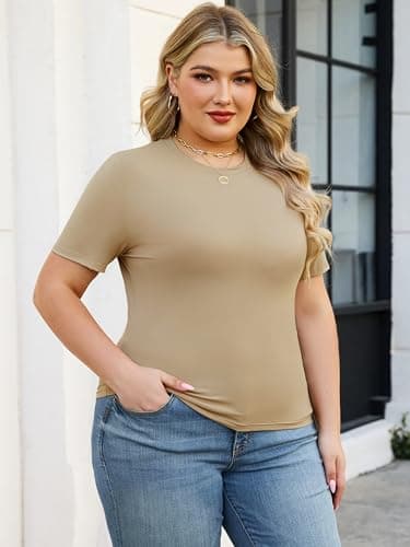 Chulianyouhuo Womens Plus Size Basic Summer Going Out Crop Tops Slim Fitted Short Sleeve Crew Neck Brown T Shirts 2026 - Thumbnail 2