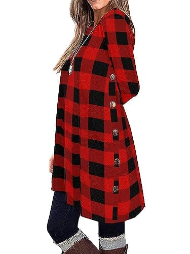 KORSIS Dresses for Women Black Red Plaid Small Long Sleeve Round Neck Casual Button Side T Shirts Loose Fitting Christmas Sweater Maternity Fall Winter Tunic Dress - Image 1