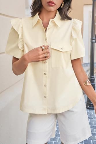Cicy Bell Womens Ruffle Button Down Shirts Dressy Casual Short Puff Sleeve Cotton Tops Summer Loose Fit V Neck Blouses Beige - Thumbnail 6