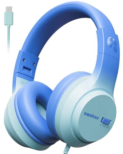 awatrue USB-C Kids Headphones, 74/85/94dB Volume Limiter, Foldable Wired Over Ear Headphones for Travel, Toddler Headphones for School, Travel, iPad, Tablet, Blue Gradient - Image 1