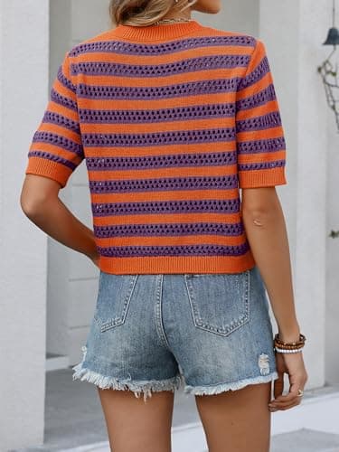 Bellcoco Crochet Tops for Women Spring Summer Short Sleeve Pullover Sweaters Crop Top Vacation Outfits Beach Cover Ups Cute Hollow Out Fashion Clothes Purple Orange Large - Thumbnail 4