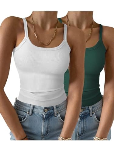 GKBK 2 Pack Womens Sleeveless Tank Top Form Fitting Spaghetti Strap Scoop Neck Ribbed Knit Workout Lounge Basic Slim Fitted Crop Summer 2026 Cami Layering Casual Shirts White Dark Green XL - Image 1