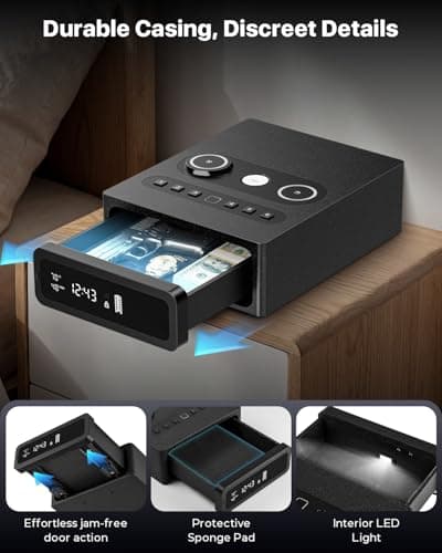 Biometric Smart Gun Safe with Wireless Charging, 3-in-1 Quick-Access Handgun Safe with Fingerprint & Backlit Keypad, Bedside Drawer Security Safe with Security Cable Hole & LED Light & Digital Display - Thumbnail 6