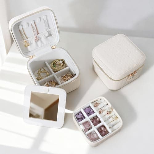 DesignSter Travel Jewelry Case for Woman, Small Travel Jewelry Box with Mirror,4.72×4.72×3.54 inches,Portable Design Travel Jewelry Organizer,Double Headed Zipper - Thumbnail 6