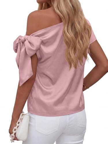 BTFBM Off The Shoulder Tops for Women Summer 2026 Short Sleeve Satin Blouse Shirts Silk Y2K Going Out Top Beach Vacation(Pink, Medium) - Thumbnail 4