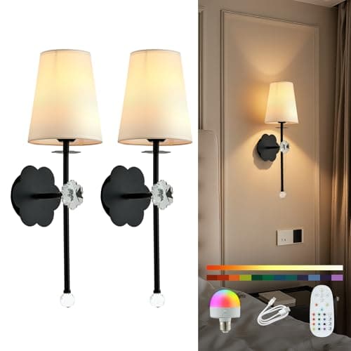 MHSNL Battery Operated Wall Sconces,Crystal Plum Blossom Decor Rechargeable Wall Lights Set of 2 with Detachable and Remote Cordless Wall Sconce Indoor for Bedroom Living Room Hallway Stairs Black - Image 1