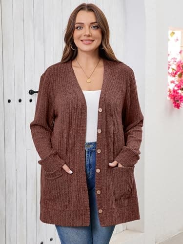 AusLook Plus Size Women Long Sleeve Cardigan Dark Coffe 3X Open Front Button Down Lightweight Casual Sweater Cover Ups Shrugs Shawls and Wraps Kimono Jacket Coat with Pockets - Thumbnail 6