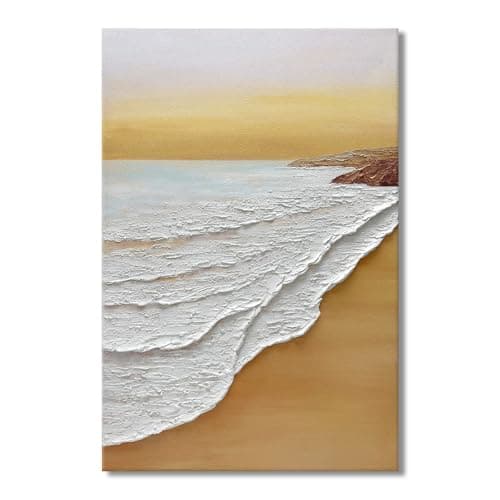 JUHOME Coastal Ocean Sunset Wall Art Hand Painted Textured Canvas 24x36 Abstract Wave Painting for Living Room Bedroom or Entryway Golden Sea Gift Decor Original Artist Designed - Image 1