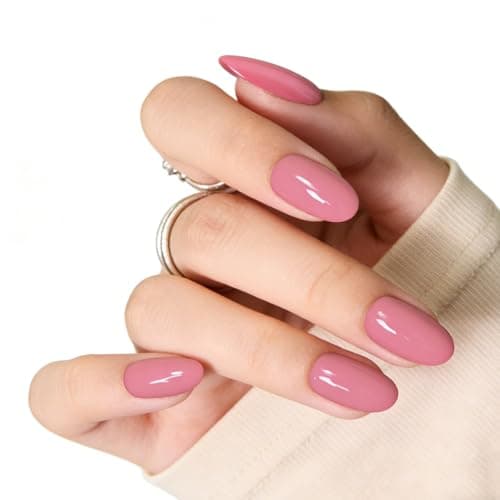 Baby Pink Press on Nails Medium Almond Acrylic Fake Nails, Valentines Solid Color False Nails Set with Varied Sizes for Women Daily Wear - Thumbnail 3