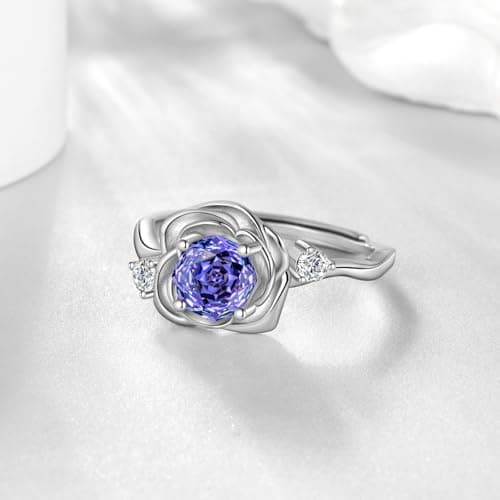 Rose Birthstone Ring - 925 Sterling Silver Rose Cut Cubic Zirconia December Tanzanite 3D Flower Adjustable Ring Engagement Promise Ring Birthday Jewelry Gift for Women Wife Daughter DR0166D - Thumbnail 2
