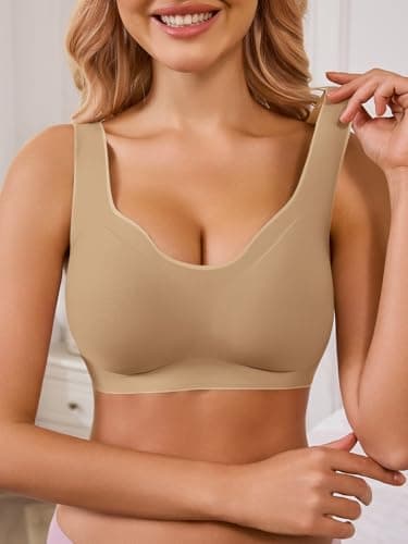Aoysky Womens Seamless Bras Color Block Wireless No Underwire Bra Supportive Comfortable Tshirt Bras Khaki - Thumbnail 2
