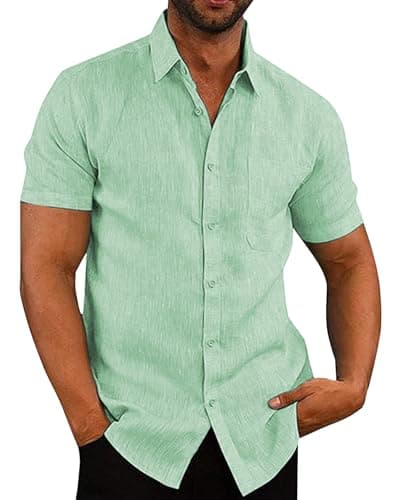 JEKAOYI Button Down Linen Shirts for Men Short Sleeves Cotton Casual Shirt with Pockets for Summer Beach - Image 1