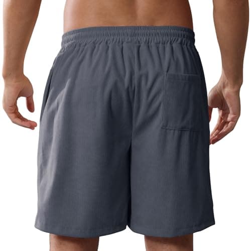 Kfnire Mens Corduroy Shorts Cotton Blend Lightweight Soft Summer Shorts Elastic Waist Beach Casual Short for Men with Pockets Darkgrey - Thumbnail 2