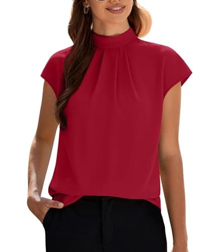 Funlingo Women's Summer Tops Dressy Casual Short Sleeve Tunic Shirts Mock Neck Loose Fit Trendy Business Work Office Chiffon Blouses Red L - Image 1