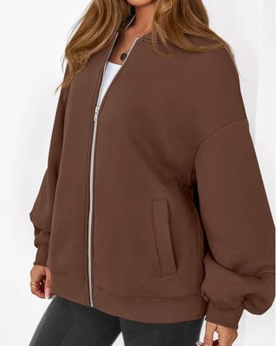 KIRUNDO Oversized Sweatshirt for Women Zip Up Bomber Jacket 2026 Fall Fashion Casual Long Sleeve Outerwear Winter Outfits(Dark Brown, Small) - Thumbnail 3