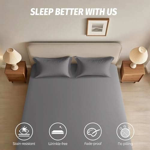 Baigee Fitted Sheet Queen, 100% Cotton, Premium Hotel-Quality Feel, Breathable and Durable, Deep Pocket 15–18”(60"x80",Grey) - Thumbnail 2