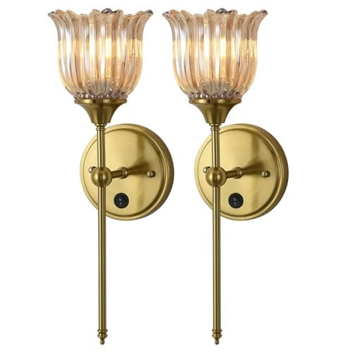 BOXCUPIN Modern Wall Sconces Set of 2 with Amber Flower Glass Shade, Mid Century Bathroom Vanity Wall Light Fixtures Gold Vintage Wall Lights with Switch for Mirror Bedroom Living Room - Image 1