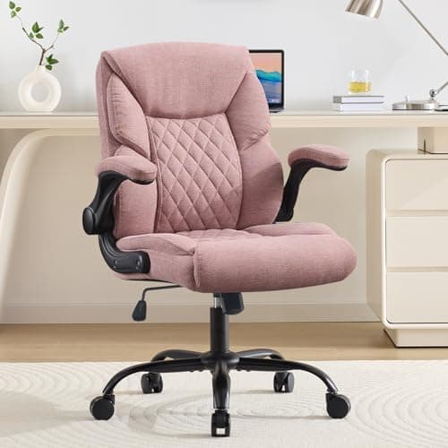 TOPOFIS Fabric Padded Home Office Chair Cloth Office Chair Comfortable Desk Chairs with Wheels Flip-up Arm Rest, Mid Back Small Computer Chair, Adjustable Height, Swivel, 250lb Capacity, Pink - Image 1