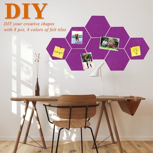 HULAVO 8 Pcs Hexagon Felt Cork Bulletin Board Tiles, Self Adhesive DIY Bulletin Board Pin Board for Office School Home Wall Decor Memos Photos Display(Light Purple) - Thumbnail 3