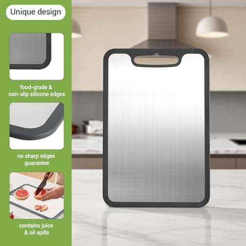 Titanium Cutting Boards for Kitchen & Camping,Metal Cutting Board,Silicone Edge for Non-Slip & Non-Cut,Built-in Handle,Long Lasting,Stain Resistant,Rust Resistant, Small(11.41''×7.87'') - Thumbnail 5