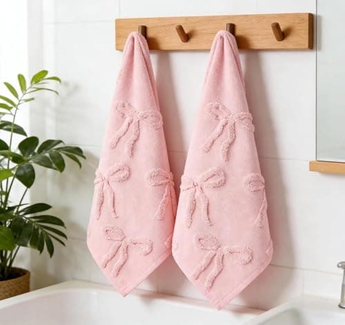 yuboo Pink Bow Hand Towels Set of 2, Cute Coquette Bathroom Decor for Teen Girls, Soft 3D Tufted Absorbent Decorative Towels, Preppy Gift Towel for Women & College Dorm (Pink, 14"x29") - Thumbnail 2