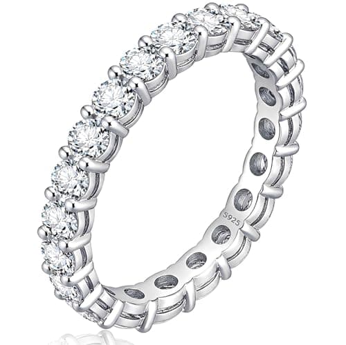 WES 3mm Moissanite Eternity Ring Wedding Band - 925 Sterling Silver D Color VVS1 Clarity Lab Created Total 2.2cttw Round Moissanite Rings for Women Men, Size 7 - Image 1