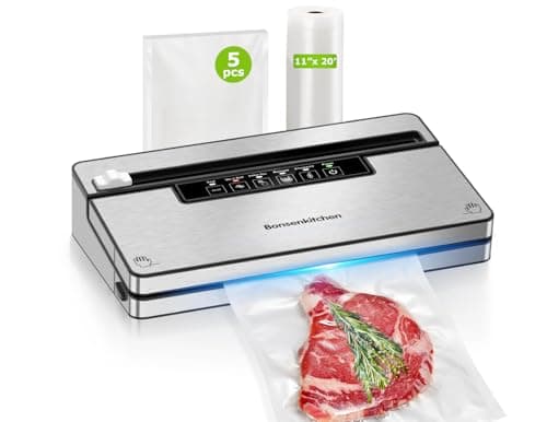 Bonsenkitchen Vacuum Sealer Machine, Stainless Steel Food Sealer Vacuum Sealers with 1 Roll & 5 Bags, 5 Food Vacuum Modes, Built-in Cutter & Bag Storage (Silver Black) - Image 1