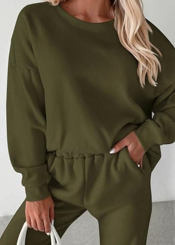 KIRUNDO Sweatsuits Women 2 Piece Outfit Matching Workout Lounge Sets Spring Fall Clothing Tracksuit Airport Travel Outfits(Army Green,Small) - Thumbnail 4