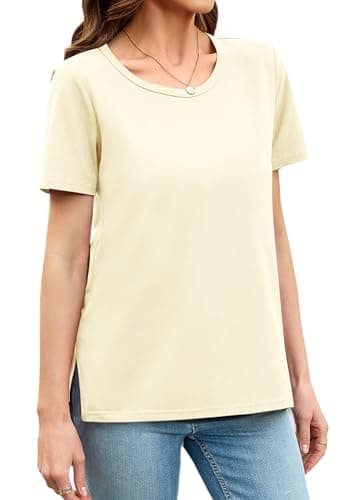 Herou Crew Neck T Shirts Women Summer Short Sleeve Loose Fitting Cute Tops Oyster Medium