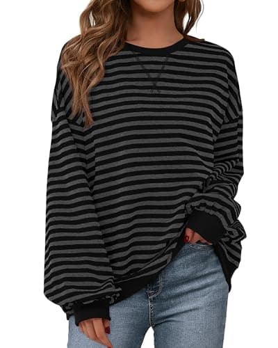 BTFBM Sweatshirt For Women 2026 Summer Crewneck Long Sleeve Oversized Striped Pullover Tops Y2K Clothes Workout Shirt(Black Dark Grey, Medium) - Image 1