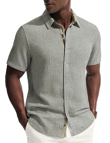 PJ PAUL JONES Men's Short Sleeve Button Down Shirt Casual Linen Summer Beach Wedding Dress Shirt Gray Green - Image 1
