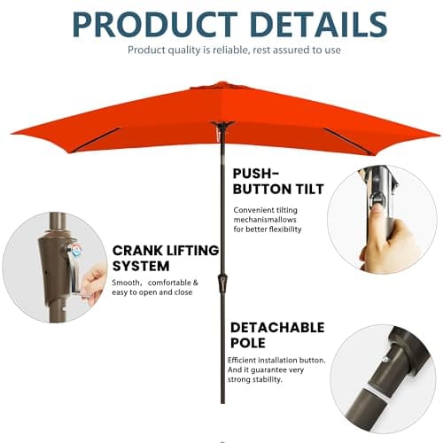 GREFORG 6.5x10FT Rectangular Patio Umbrella with Push Button Tilt & Crank Lift for Garden,UV Protection Outdoor Umbrella for Deck,Pool and Yard,Orange - Thumbnail 3