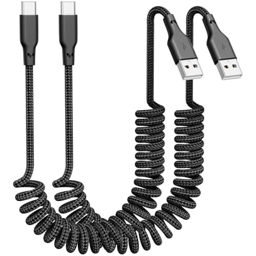 USB A to USB C Coiled CarPlay Cable [2-Pack, 3ft], Auto Coiled Retractable iPhone Car Cord Retractable Fast Charge Cord for Car, Compatible with iPhone 17/16/15 Plus/Pro/Pro Max/Samsung Galaxy S23