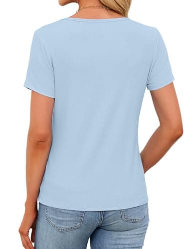 Henley Shirts for Women Ribbed Short Sleeve Tops Button Up Scoop Neck Tops Summer 2026 Casual Slim Fitted Tops Basic Blouse (Light Blue, Large) - Thumbnail 5