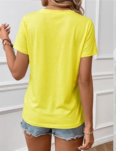 LaGracia Women's Cotton T Shirt V-Neck Short Sleeve Shirt Classic-Fit Casual Breathable Tee Summer Basic Tops Yellow L - Thumbnail 3