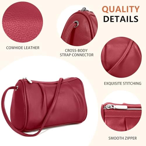 Women's Burgundy Cylinder Bag Genuine Leather Small Crossbody Purse Mini Hobo Handbag Essential Phone Wallet Keys Minimalist Lifestyle Fashion Accessory - Thumbnail 6