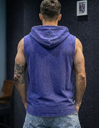 JMIERR Mens 2026 Vintage Washed Sleeveless Hoodie Tank Top Cotton Muscle Workout Gym Streetwear Shirt Blue - Thumbnail 2