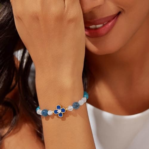 Cicy Bell 18K Gold Plated Bracelets for Women Lucky Four Leaf Clover Dainty Cubic Zirconia Charm Colorful Beads Adjustable Bracelet Trendy Friendship Jewelry Accessories - Thumbnail 3