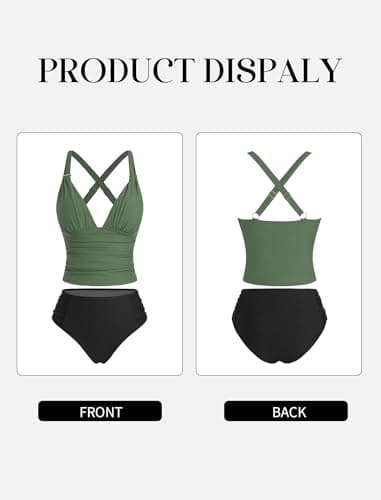 ZAFUL Womens Tankini Swimsuits Tummy Control Bathing Suits Two Piece V Neck Ruched Swim Suits 2025 Army Green S - Thumbnail 6