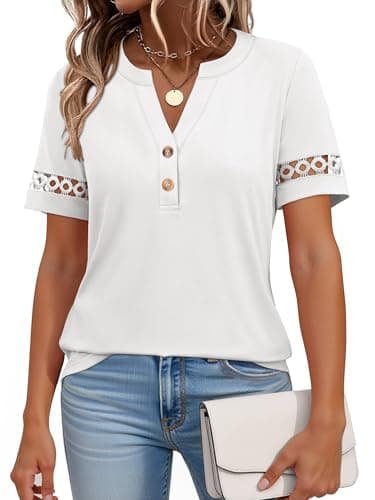 ANRABESS Womens Short Sleeve Tops Henley V Neck Blouses Dressy Casual 2026 Summer Trendy Tee Shirts Work Business Outfits White Large - Image 1