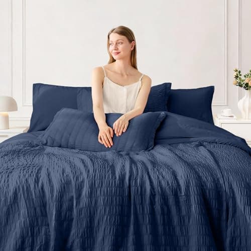 FUANNA King Size Comforter Set 7 Pieces, Luxury Seersucker Bed in a Bag King for All Seasons, Soft King Bedding Set with Comforter, Flat Sheet, Fitted Sheet, Pillowcases & Shams for Bedroom, Navy Blue - Thumbnail 3