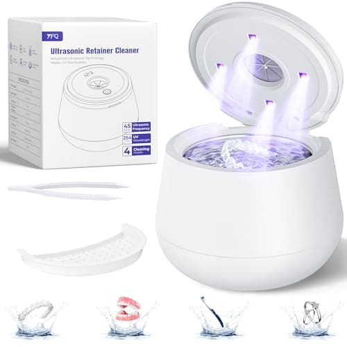 45kHz Ultrasonic Retainer Cleaner, 200ML Dental Cleaning Pod for Dentures, Mouth Guards, Braces, Aligner, Toothbrush Jewelry and More, UV Denture Cleaner with 4 Modes & Digital Timer - White