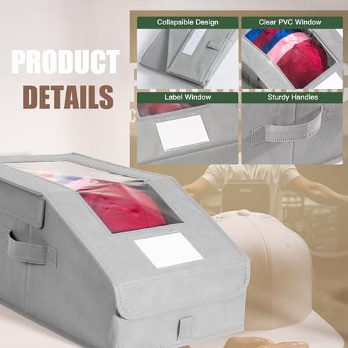 Stowsia Hat Organizer for Baseball Caps, 2 Pack Stackable Hat Storage Boxes with Clear Window, Holds up to 28 Caps, Foldable Hat Organizer for Closet & Shelf, Grey - Thumbnail 3