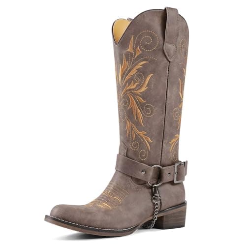 GPXGPX Womens Cowboy Boots Embroidered Brown Cowgirl Boots Mid Calf, With Removable Belt Low Block Heel Round Toe Western Boots 11 - Image 1